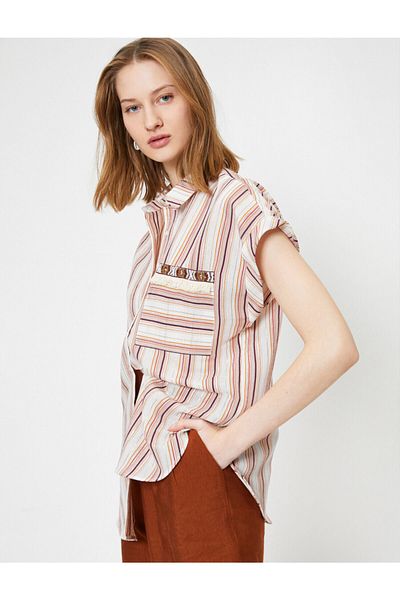 Koton Glittery Striped Beaded Embroidered Shirt with Pocket Detail