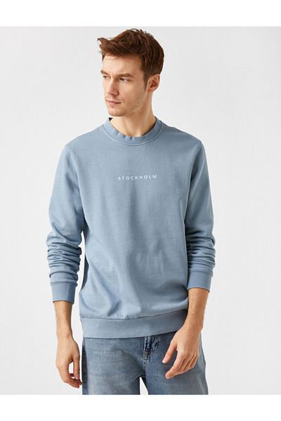 Koton Men's Blue Printed Crew Neck Long Sleeve Sweatshirt