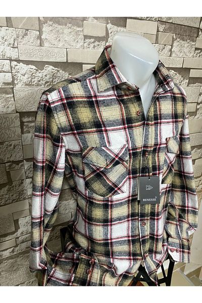 BENESSE Slim Fit Cream καρό Unisex Ξυλοκόπος πουκάμισο