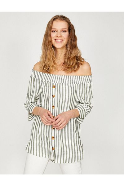 Koton Μπλούζα με κοντό μανίκι Off Shoulder Ριγέ
