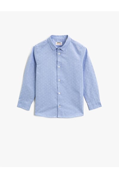 Koton Синя памучна риза на точки с класическа яка и дълъг ръкав за момче