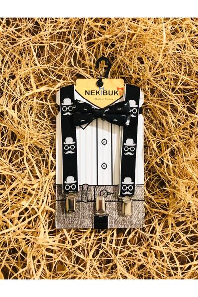 NEKİBUKİ Set cu bretele și papion drăguț pentru băieți, alb-negru, 1-7 ani