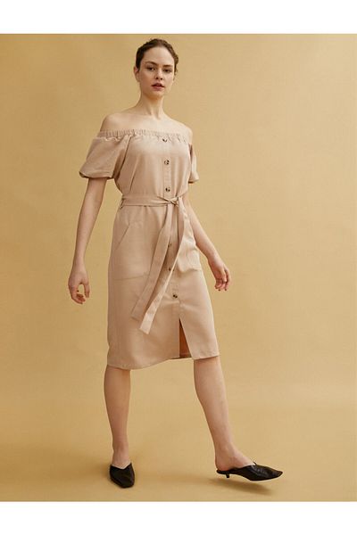 Koton Off Shoulder Φόρεμα με κοντό μανίκι με κουμπιά ζώνη
