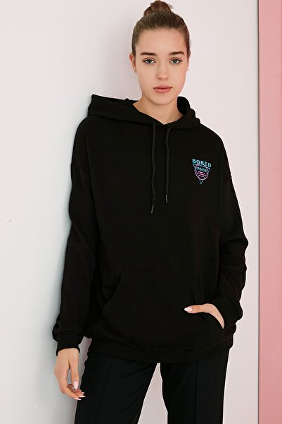 Bipantolon Kadın Siyah Bored Baskılı Oversize Sweatshirt