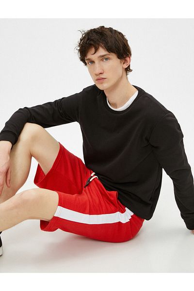 Koton Men's Red Pocket Shorts Striped Waist Tied Cotton