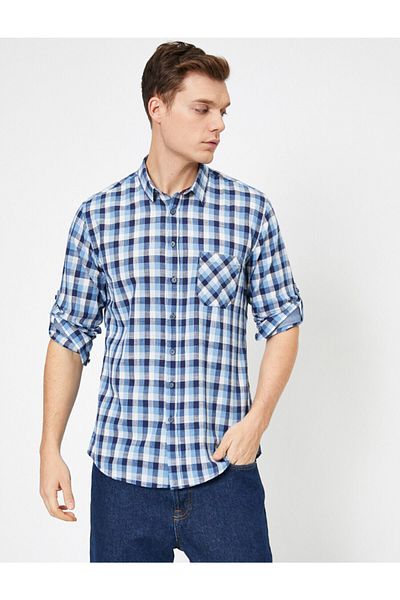 Koton Cămașă de lemn în carouri cu un singur buzunar, slim fit