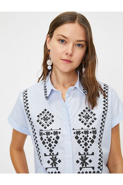 Koton Women's Blue Classic Collar Short Sleeve Shirt 9YAK68982PW