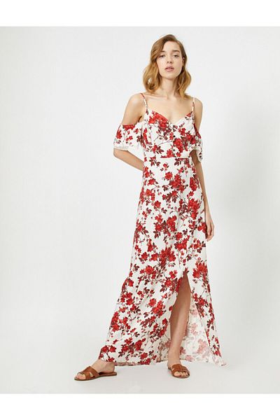 Koton Strappy Floral Patterned Short Sleeve Slit Detailed Maxi Dress