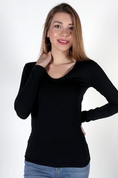 moda felinya Дамски черен боди с дълги ръкави и V-образно деколте