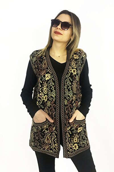 Dinçerler tekstil Kadın Kilim Desenli Düğmezsiz Kalın V Yaka Anne Yelek