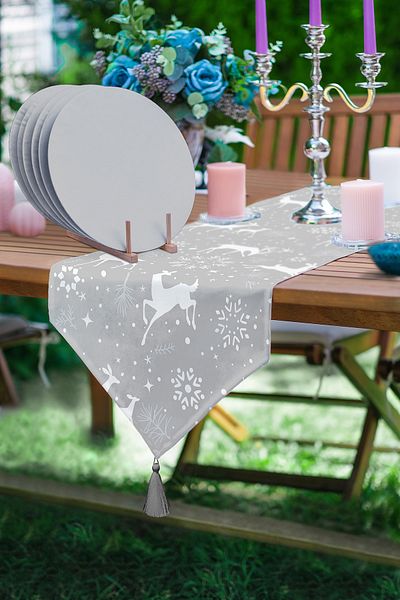 Realhomes Grey Floor Deer Printed Triangle Tassel Runner 1 τεμάχιο 6 τεμάχια γκρι έγχρωμη πλάκα