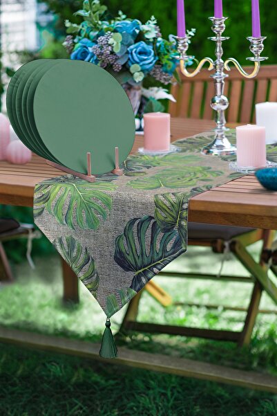 Realhomes Çuval Zeminli Tropik Yaprak Motifli Üçgen Püsküllü Runner 1 Adet & ...