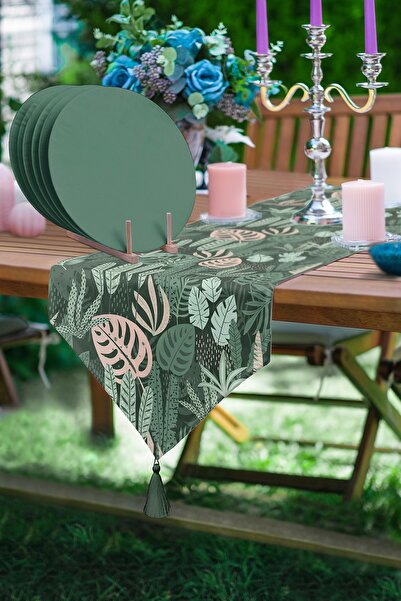 Realhomes Tropik Yaprak Tasarımlı Üçgen Püsküllü Runner 1 Adet & 6 Adet Koyu ...