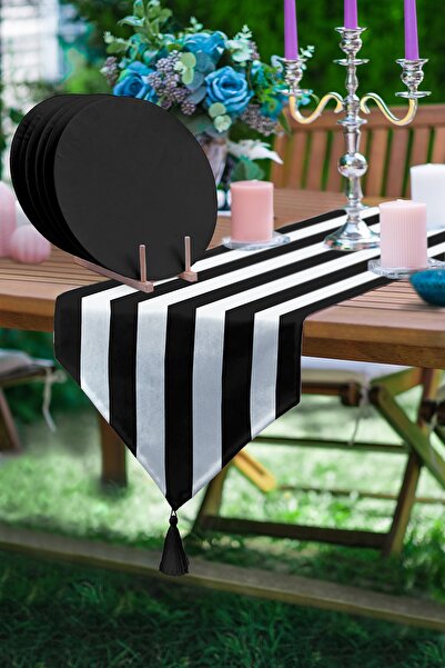 Realhomes Siyah Beyaz Düz Çizgili Üçgen Püsküllü Runner 1 Adet & 6 Adet Siyah...