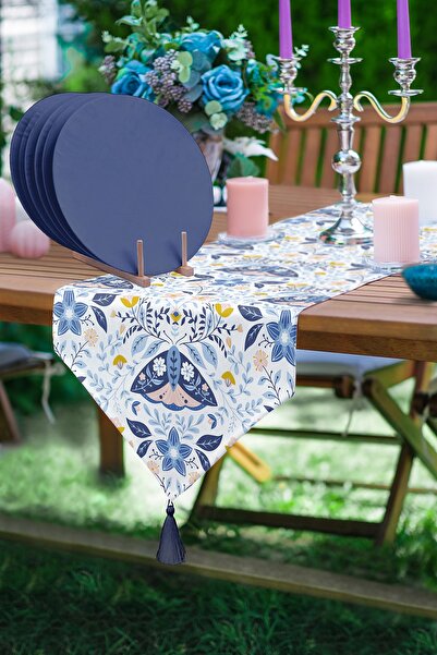 Realhomes Çiçek & Kelebekli Özel Tasarım Üçgen Püsküllü Runner 1 Adet & 6 Ade...