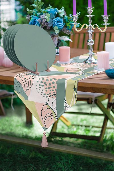 Realhomes Onedraw Tropical Themed Triangle Tassel Runner 1 τεμάχιο & 6 τεμάχια πεύκο πράσινο χρώμα