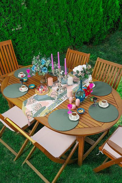 Realhomes Onedraw Tropical Themed Triangle Tassel Runner 1 τεμάχιο & 6 τεμάχια πεύκο πράσινο χρώμα