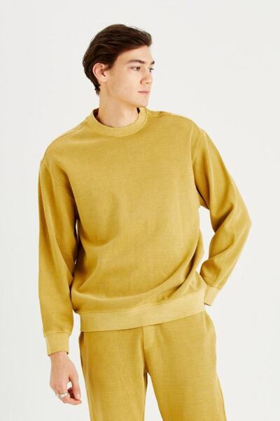 IAMNOTBASIC Hanorac pentru bărbați, muștar, cu nasturi moi, cu aspect vintage