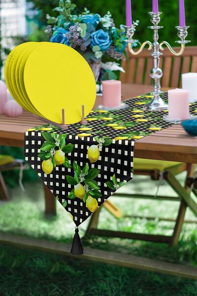 Realhomes Siyah Dama Zeminli Limon Baskılı Üçgen Püsküllü Runner 1 Adet 6 Ade...