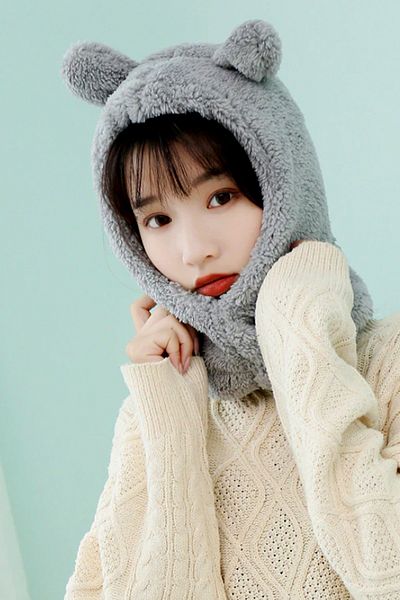 Bundera Wig Women's Plush Gray Beanie Snow Mask Neck Collar Thermal Welsoft Teddy Bear Fleece Scarf Windproof