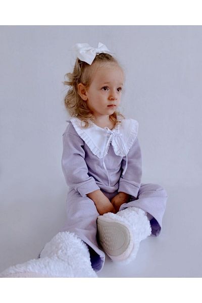 le petit sole Girl's Lilac Ruffle Collar Top-Top Set