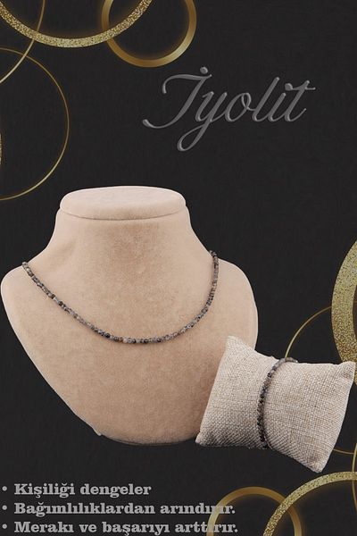 OSMANLI DEĞERLİ TAŞ Iyolit Stone Necklace Bracelet Set 4 mm