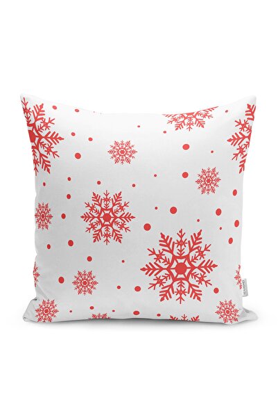 Realhomes Beyaz Zemin Kırmızı Kar Taneli Yastık Kırlent Kılıfı