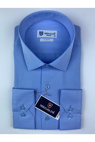 MEGALDİ Erkek Armürlü Mavi Regular Fit Gömlek