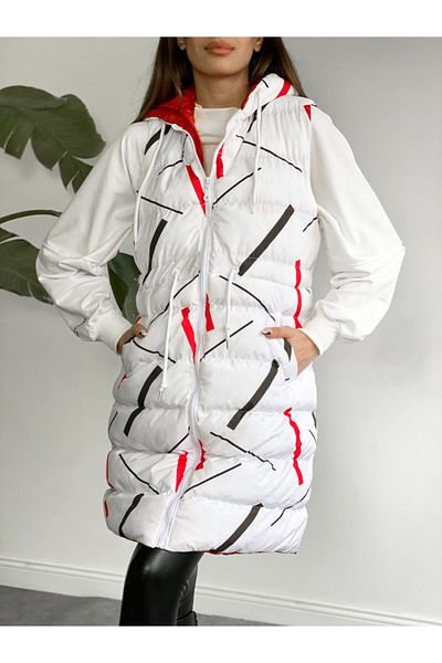ladyzey Women's Hooded, Side Pocket, Gathered Waist, Line Patterned Long Puffer Vest