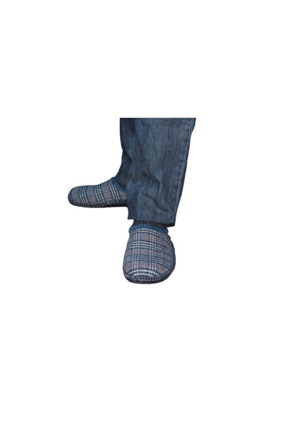 GEZER 12957 Unisex Lacivert Ekose Terlik Keçe Kaydırmaz Ultra Hafif