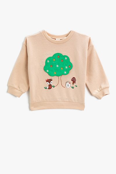 Koton Baby Girl Printed Embroidered Crew Neck Cotton Sweatshirt