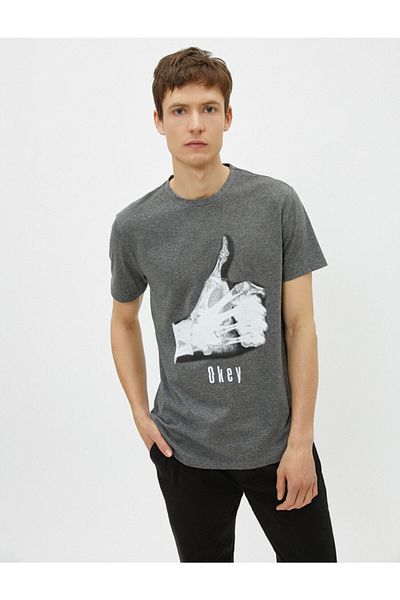 Koton Men's Gray Short Sleeve Printed Written Cotton T-Shirt