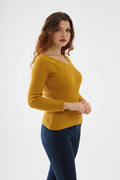 citycenterfashion Kadın Hardal Yaka Güpür Detay Triko Kazak Bluz Ara Beden Standart Cty-cnd-11903