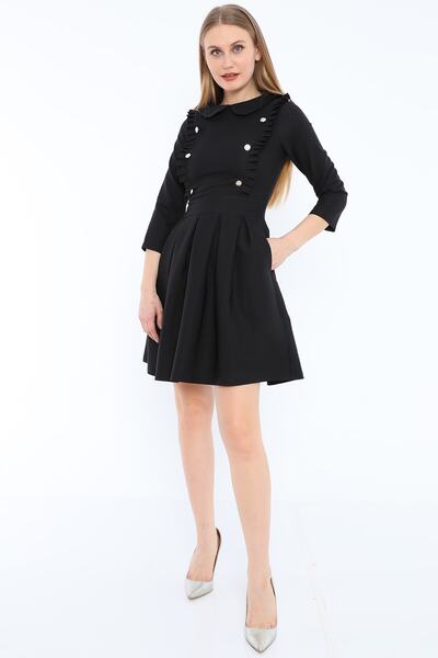 etselements Μαύρο φόρεμα με πιέτες και γιακά κούκλας