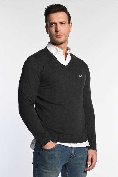 UCLA Cardıff Dark Gray V-Neck Embroidered Men's Slim Knitwear