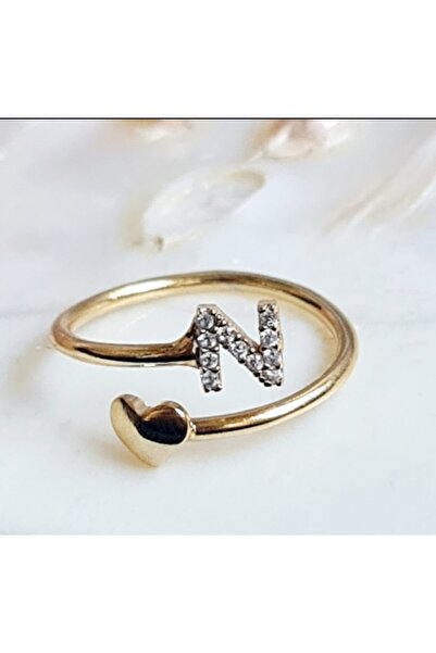 WONDER TOUCH 24k Altın Kaplama Kapli Zirkon Taşlı"n"harfi Yüzük,ayarlanabilir...