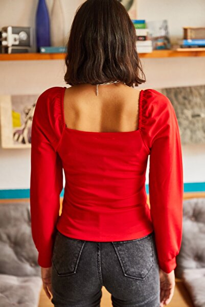 Olalook Női piros elülső összegyűjtött ballon ujjú blúz BLZ-19001084