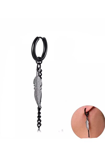TakıConcept Kartal Tüyü Figürlü Sallantı Zincir Detaylı Siyah Renk Çelik Erkek Halka Küpe