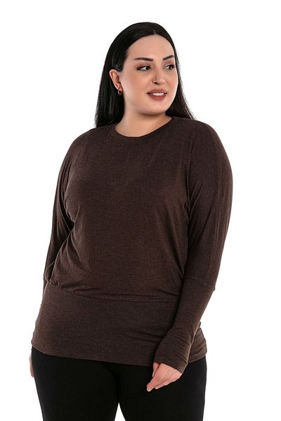 DISENTIS MODEST Plus Size Round Neck Bat Sleeve Skirt Wide Band Brown Blouse