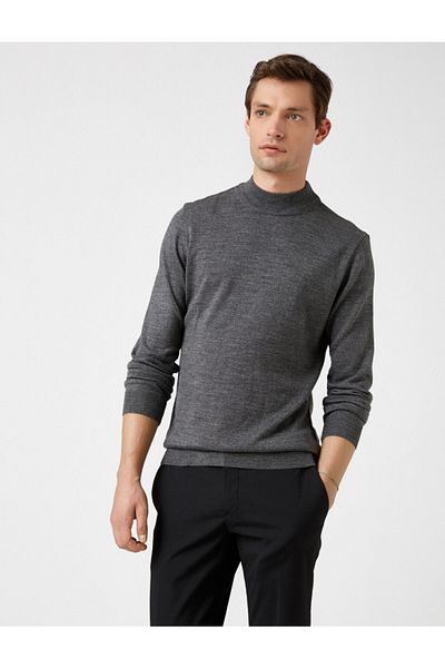 Koton Men's Gray Long Sleeve High Collar Cotton Sweater 1kam92007lt