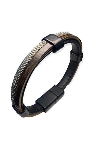SilverPark Çelik Deri Kombin Erkek Bileklik 018