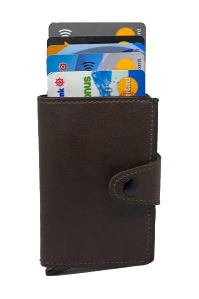 Walle's Polo محفظة كوميلي للجنسين من الجلد المحمي بتقنية Rfid مع آلية ألومنيوم أوتوماتيكية - حامل بطاقات