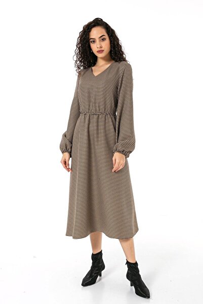 DISENTIS MODEST V-izrez - Houndstooth Sa deznom crna bež haljina sa elastični...