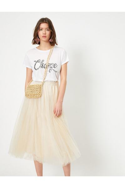 Koton Μπλουζάκι με λαιμόκοψη ποδηλάτου και λεπτομέρεια από πέρλες