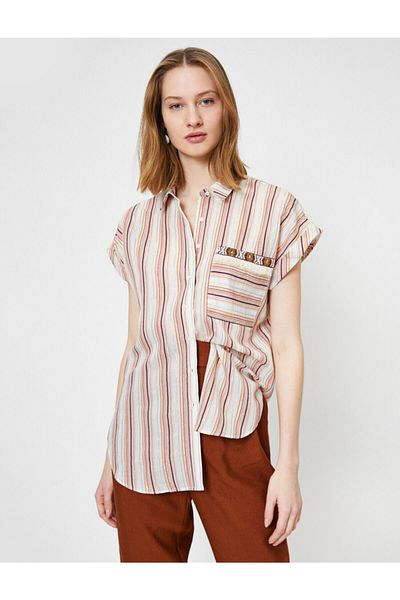 Koton Glittery Striped Beaded Embroidered Shirt with Pocket Detail