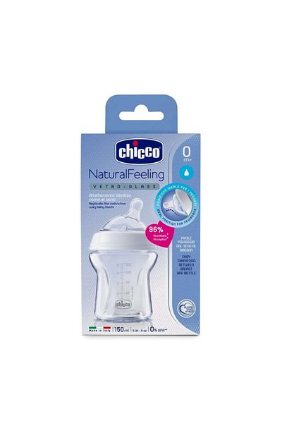 Chicco زجاجة رضاعة زجاجية ذات ملمس طبيعي للأطفال من 0 أشهر فما فوق 150 مل