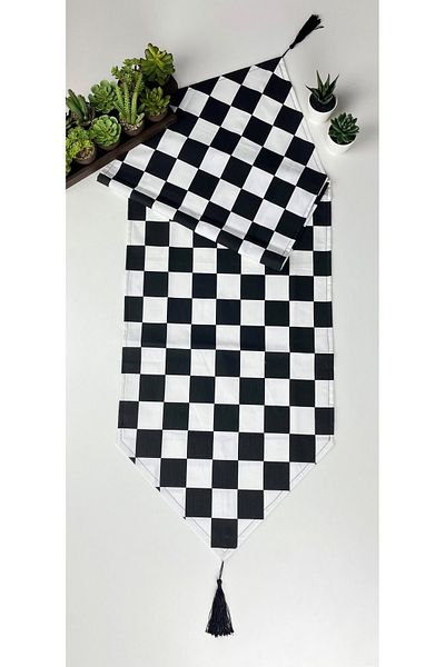 FUS BLUE Checkerboard Patterned Tassel Runner