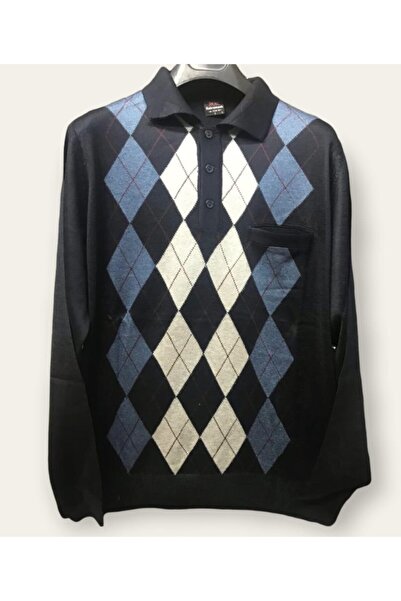 NACAR STORE Men's Patterned Polo Collar Fine Wool Knitwear Buttoned Dad Sweater