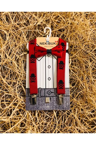 NEKİBUKİ Boy's Red-Black Cute Trouser Suspenders and Bow Tie Suit 1-7 Years
