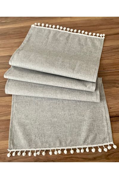 FUS BLUE Gray Fabric Pompom Detailed Runner